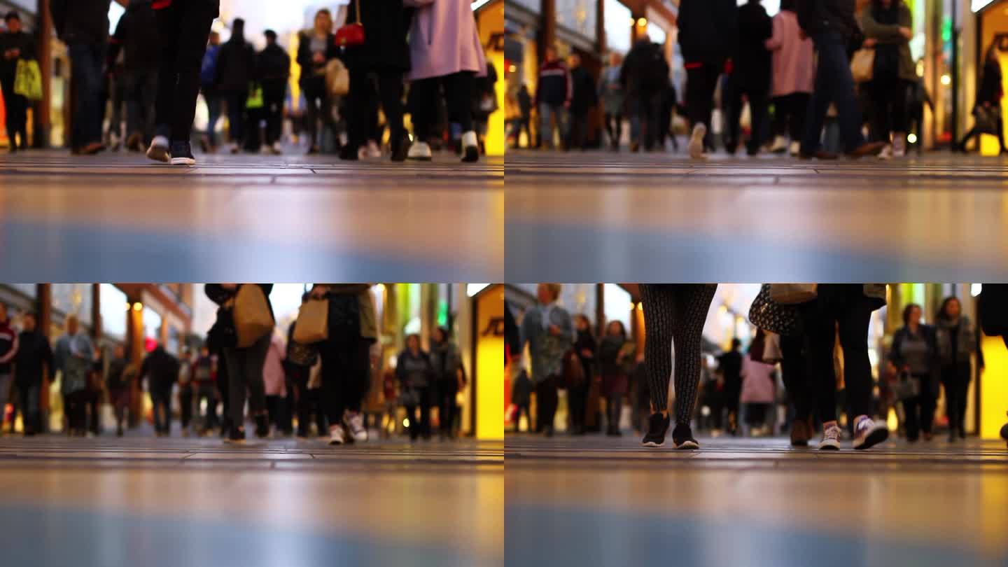 人群步行在购物中心, 接近的脚