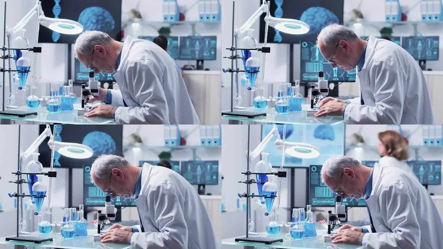 在现代实验室，科学家正在用显微镜观察样品