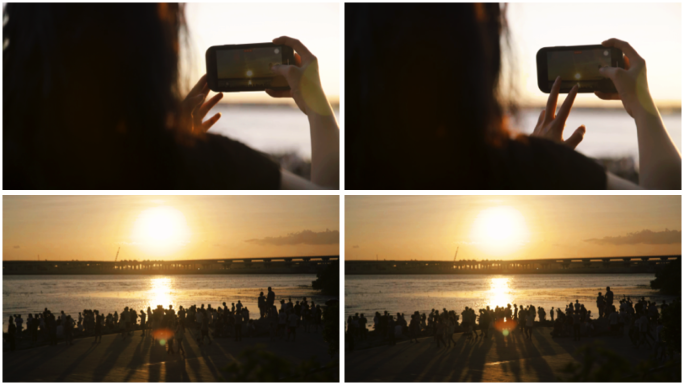 夕阳日落人群女生手机拍照