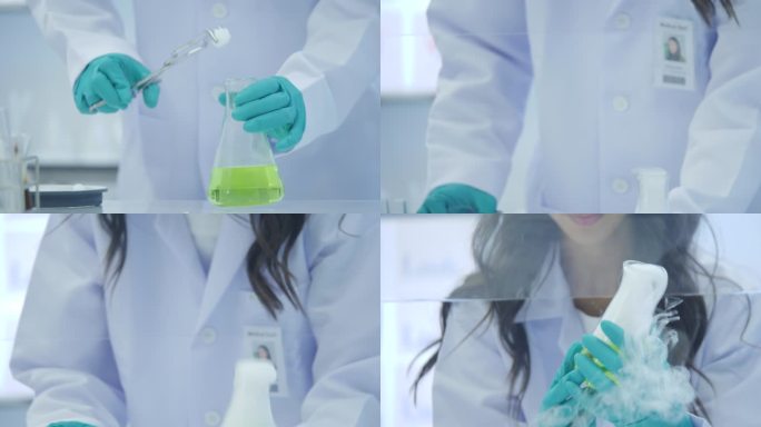 女性医学研究科学家将干冰放入玻璃烧杯中