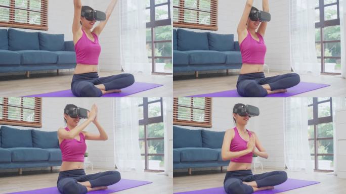 年轻的亚洲少女使用虚拟现实模拟器，同时在客厅练习瑜伽，女性锻炼健康在家里。生活方式女性锻炼未来技术理