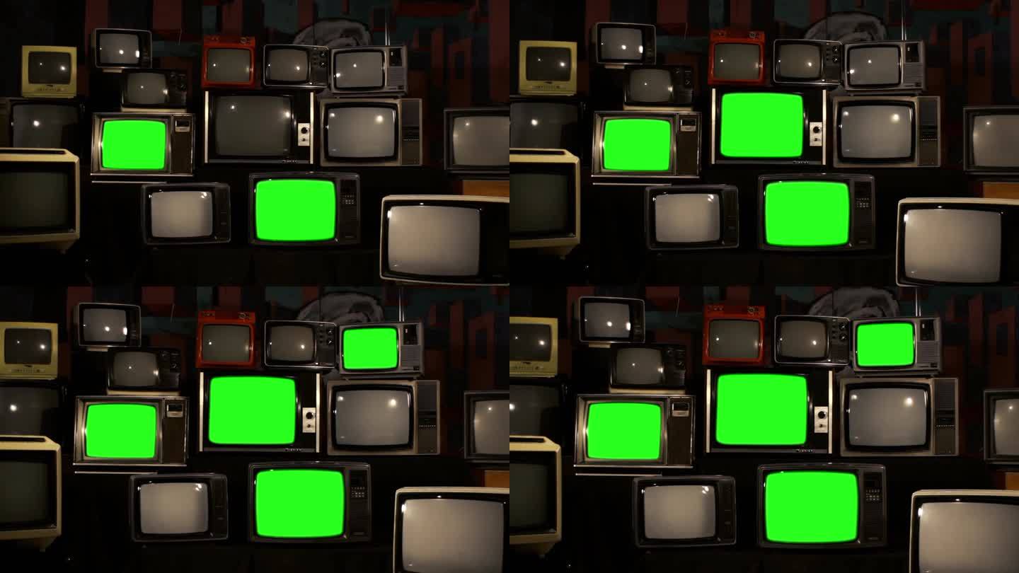 80年代电视，绿色屏幕打开。黄金烟草色调。放大。准备用你想要的任何镜头或图片替换绿色屏幕。您可以使用
