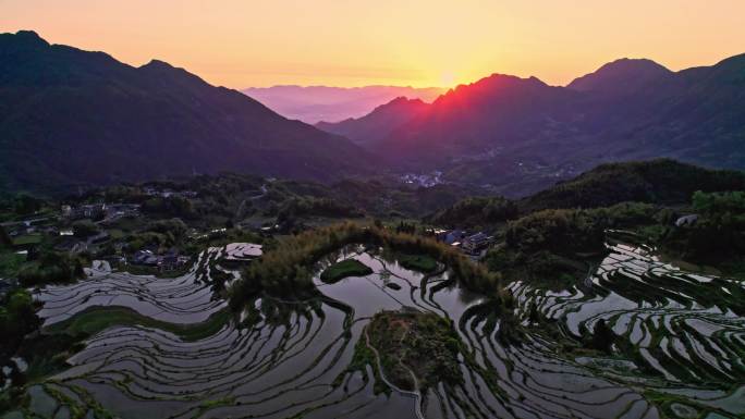 浙江丽水云和梯田日出日落自然风光