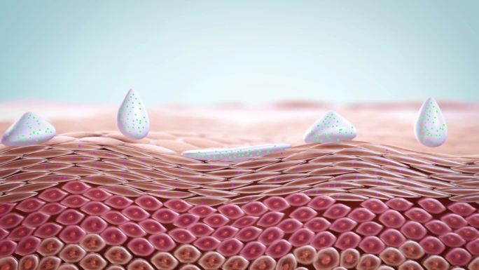 干皮肤用的乳液滴. 3d皮肤水化的医学动画表现