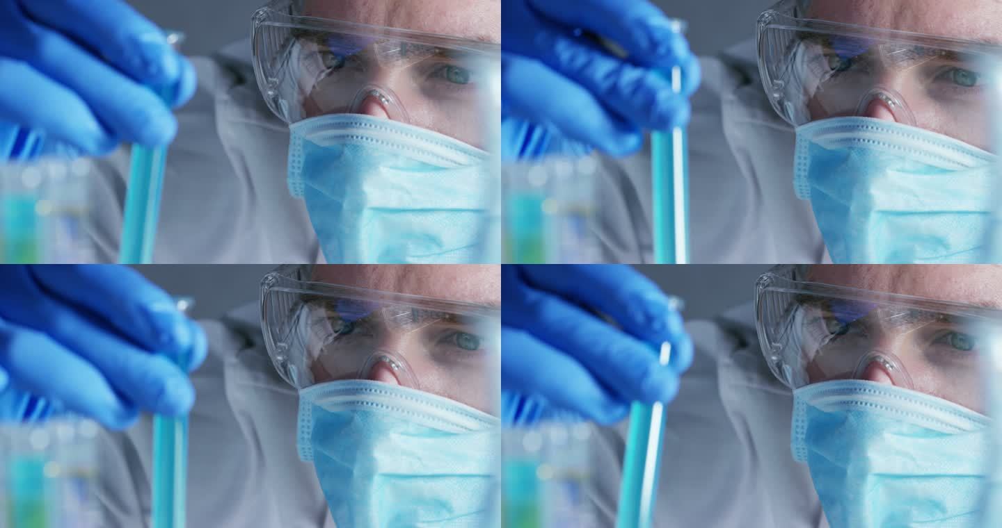 在实验室里、一位科学家带着长笛分析彩色液体、提取试管中的DNA和分子。概念:研究、生物化学、自然、医