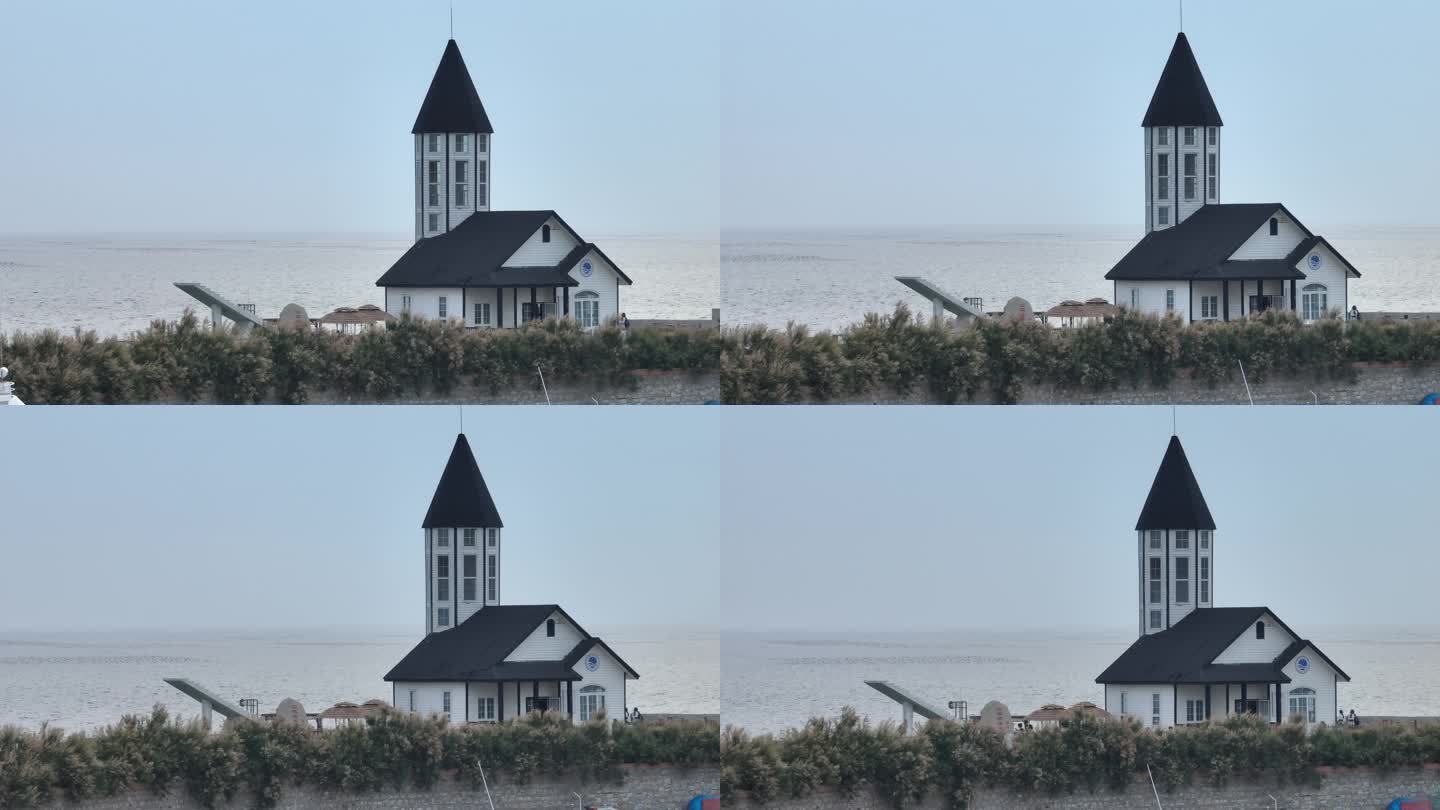 航拍威海西海岸小石岛海洋观测站日落咖啡馆