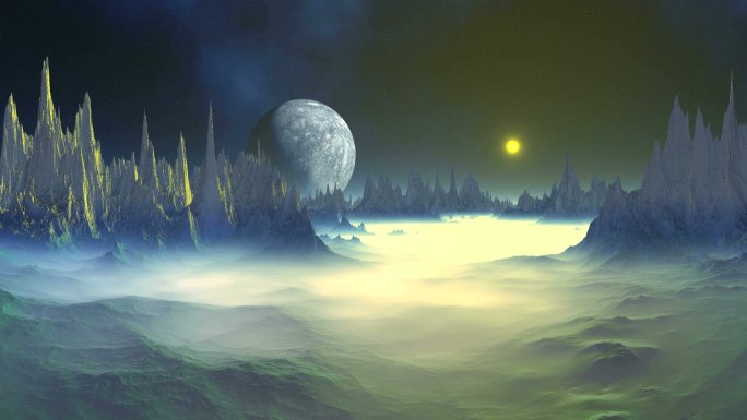 神秘的外星人星球。明亮的黄色太阳升起在一个岩石雾蒙蒙的星球上。在黑暗的星空中, 星云和地平线上的一个