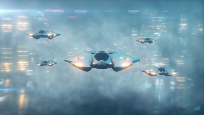 未来主义的3d 场景, 飞机在雾中在科技城市的飞行