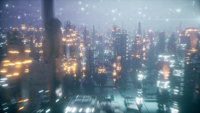 未来的城市在夜雾中，未来的城市覆盖着一个连接的网格，信息传递的概念