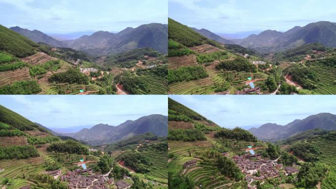 航拍浙江丽水云和梯田风景区白银谷古村落