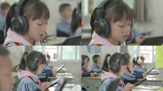 乡村小学生头戴耳机听英语IPAD智慧教育