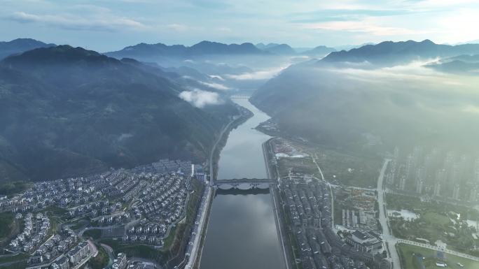 航拍浙江丽水景宁县畲族廊桥湖景自然风光