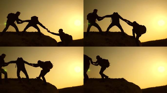 商务人士的团队合作。登山者剪影伸展他们的手彼此，爬到山顶。旅行者在岩石上一个接一个地攀爬。联合业务。