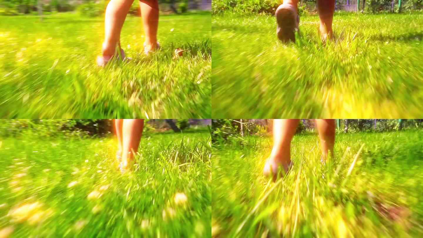 女孩在绿草地上奔跑
