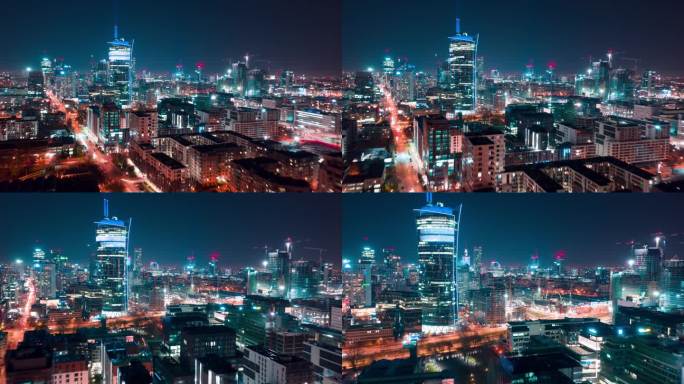 华沙商业中心夜间空中超航：摩天大楼和科学文化宫