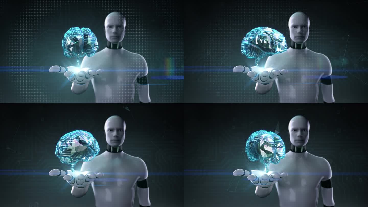 机器人张开手掌, 人形, 扫描大脑。x 光查看。.