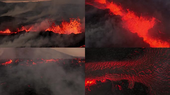 火山喷发岩浆涌动火山爆发实拍无人机航拍