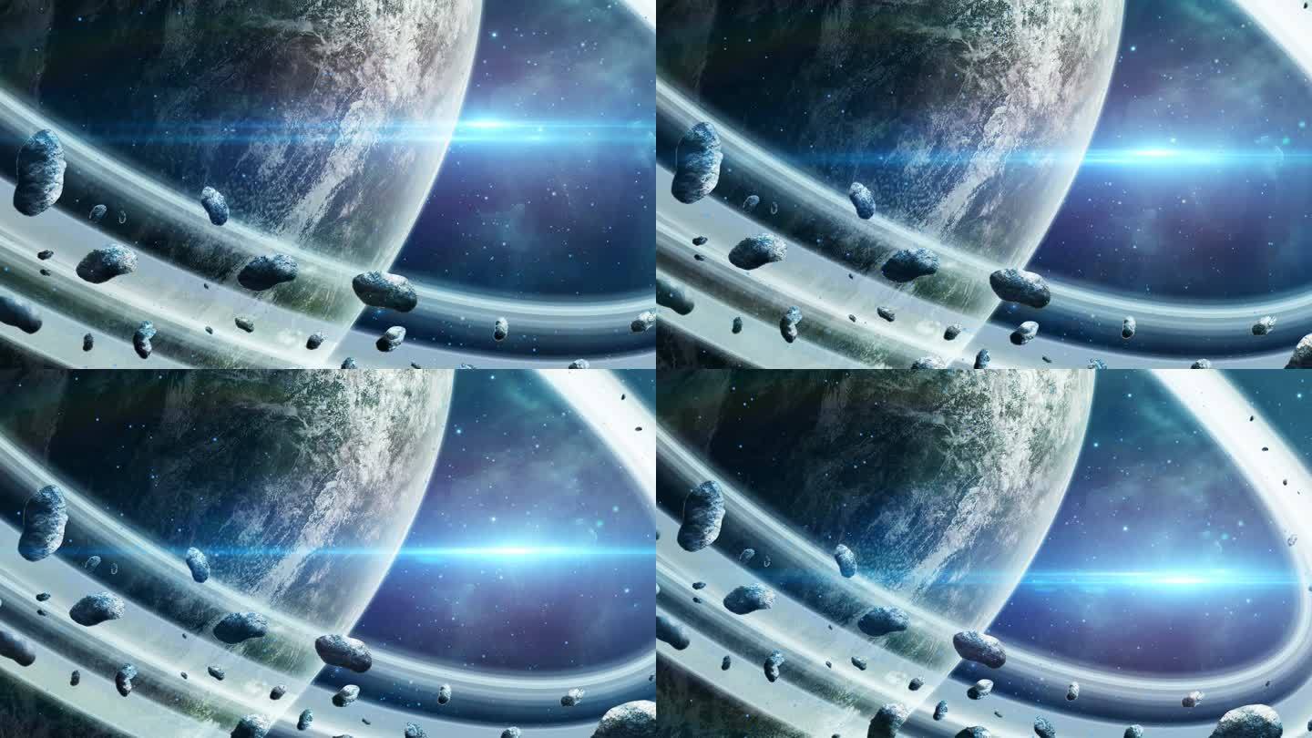 太空场景。环状行星和蓝光小行星。由美国宇航局提供的元素。3d 渲染