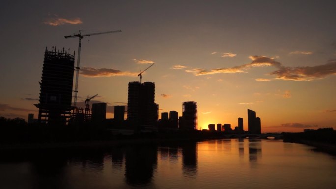 河边落日水天一色夕阳城市建设运河商务区