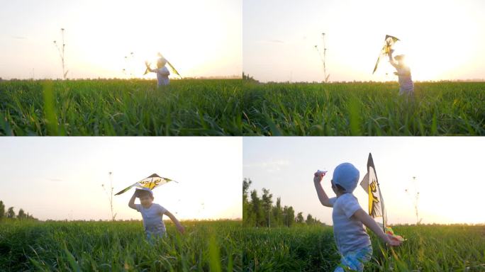 快乐的孩子，手里拿着空中的玩具，在背景天空的阳光下在草坪上奔跑