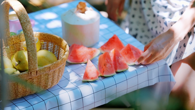 夏天小溪露营野餐西瓜汽水