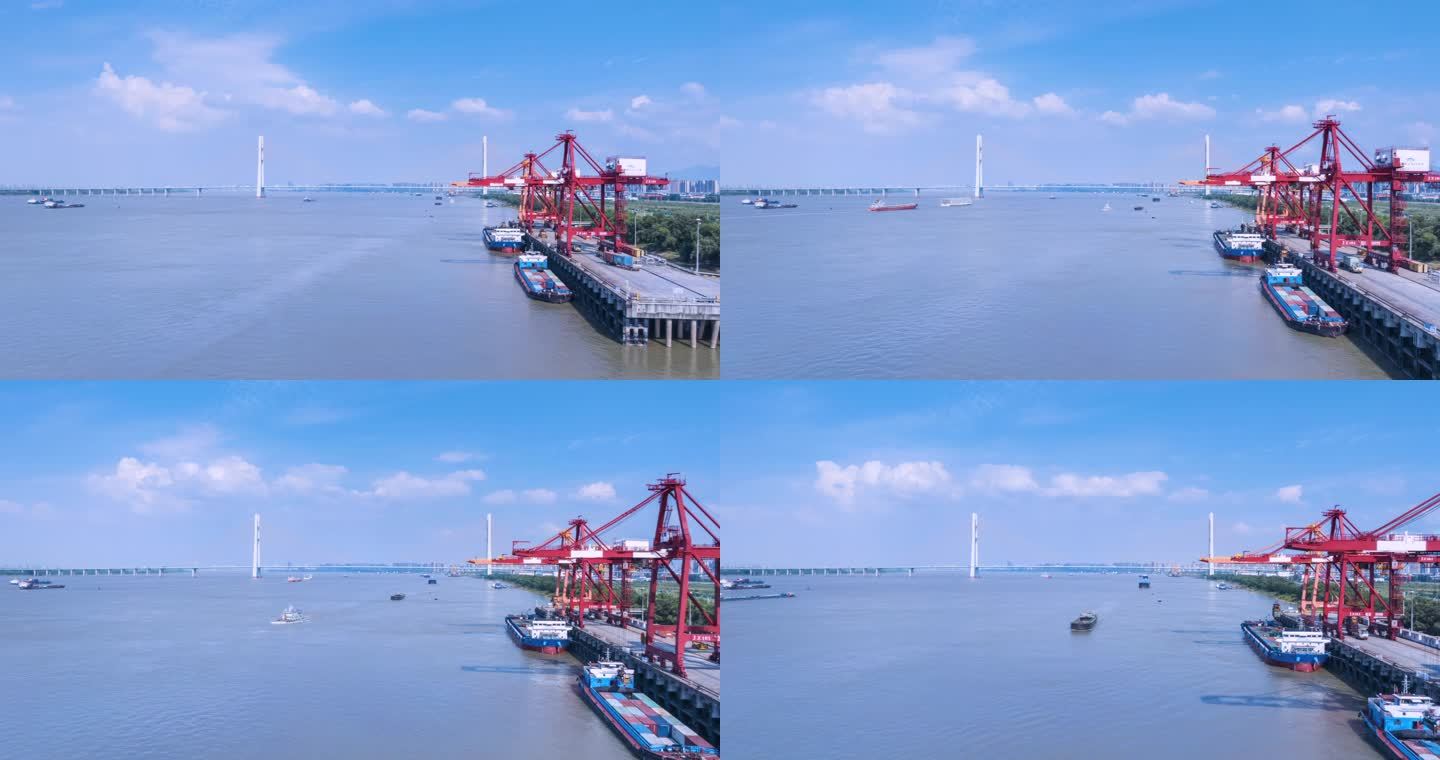 长江航运与九江城西港集装箱码头航拍延时
