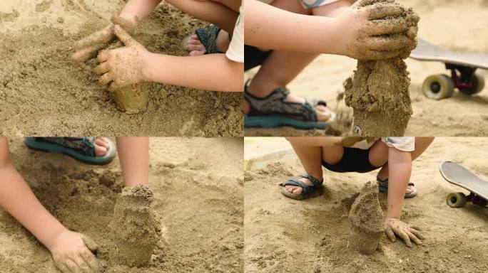 沙滩边小孩玩沙玩乐