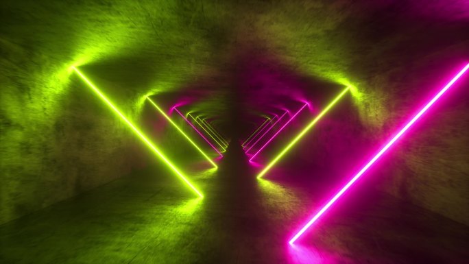 在无尽的金属隧道中飞行，抽象的彩色霓虹灯背景，紫外光，发光线，虚拟现实界面，框架，色调，粉色蓝色光谱