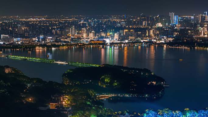 浙江杭州西湖夜景航拍延时