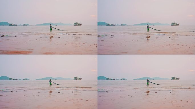 海边渔民整理渔网