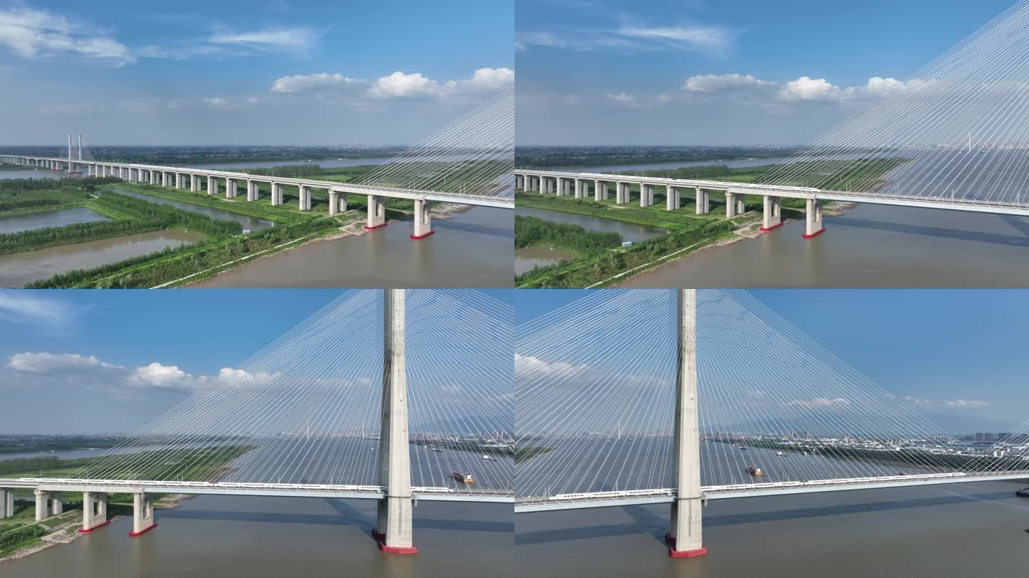 航拍动车组通过九江鳊鱼洲长江大桥