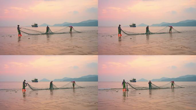 海边渔民赶海 整理渔网