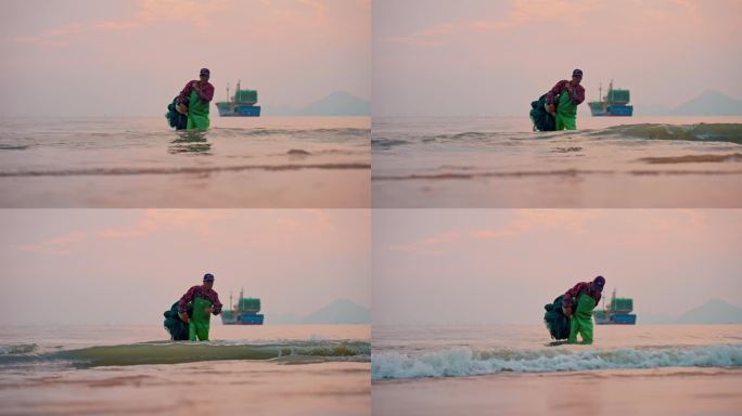 海边渔民 整理渔网