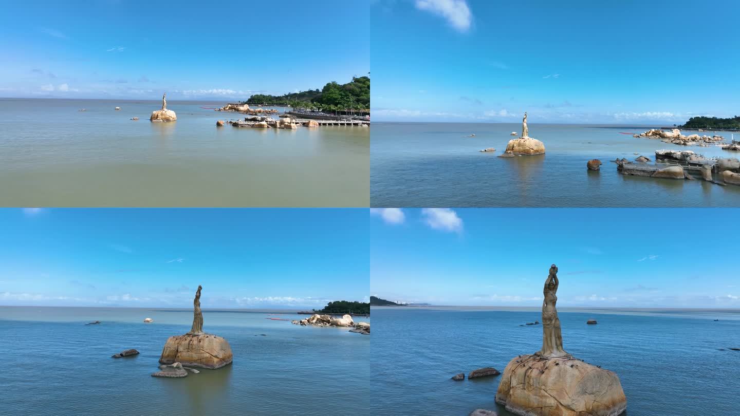 航拍广东珠海地标建筑渔女雕像