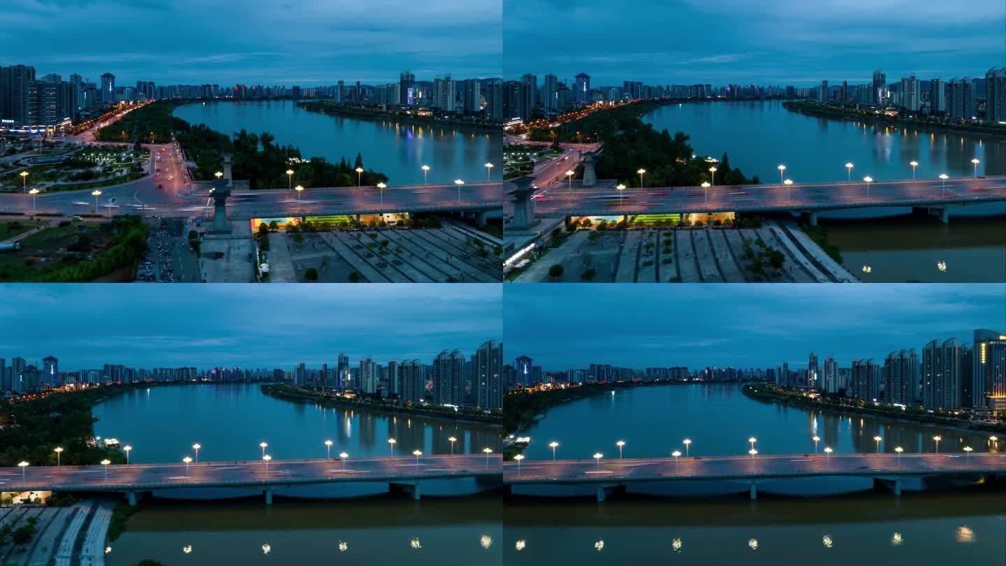4K汉中汉江大桥夜景车流航拍延时