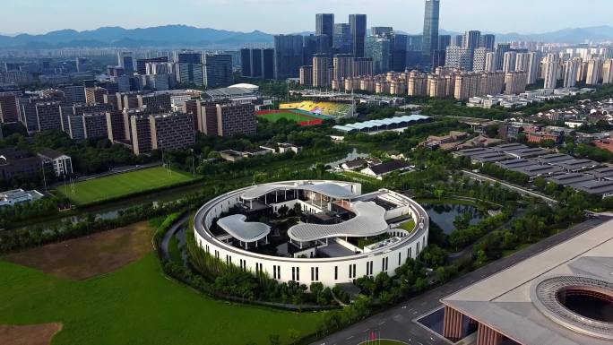 清晨航拍杭州阿里未来科技城学术交流中心