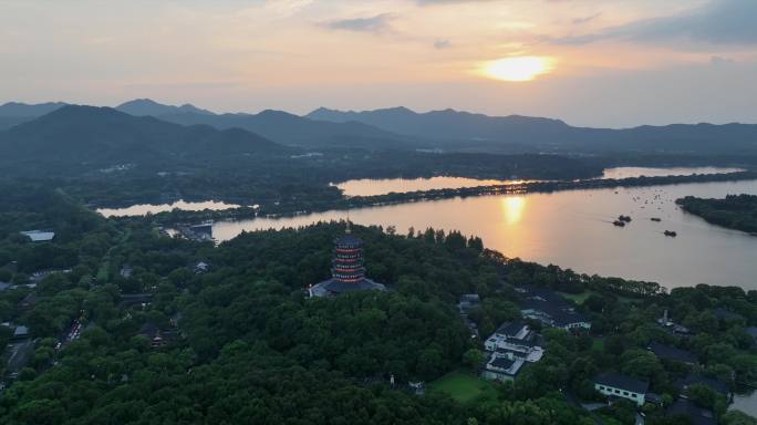 杭州西湖雷峰塔夕阳多角度航拍