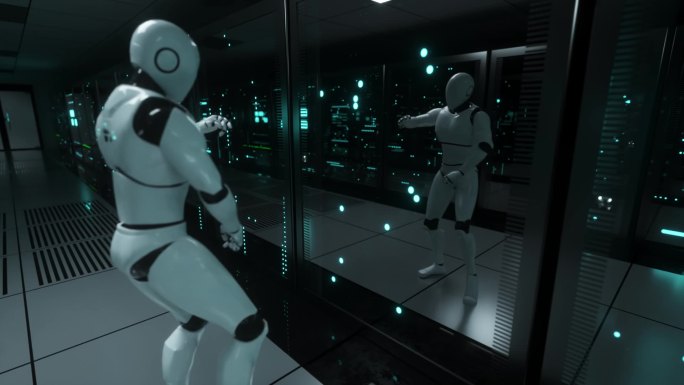 服务器房间里的跳舞机器人用倒影的眼光看待自己。数据中心服务器室玻璃面板后面的数据服务器。无缝圈3D渲