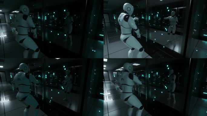 服务器房间里的跳舞机器人用倒影的眼光看待自己。数据中心服务器室玻璃面板后面的数据服务器。无缝圈3D渲