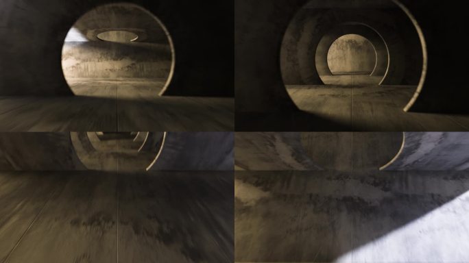 在灰色混凝土隧道中无休止的飞行。摄像机在圆圈中的运动。太阳能转换从不同的侧面进行。无缝圈抽象动画