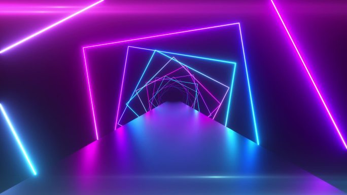 带有旋转正方形的抽象几何背景，荧光紫外光，发光霓虹灯线，旋转隧道，现代彩色蓝色红色粉色紫色光谱，无缝