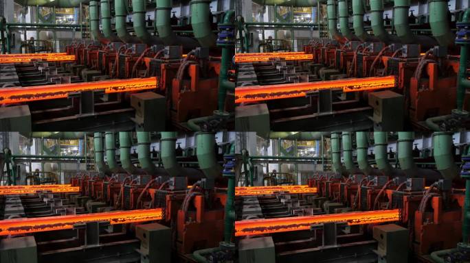 钢铁铸造厂连铸机。工件沿着输送机移动