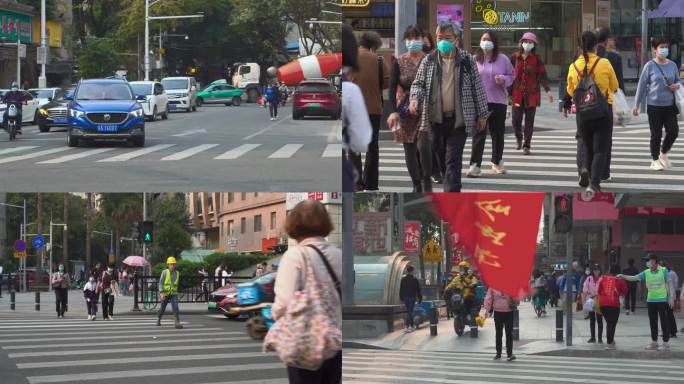 广州城市车流斑马线行人过马路繁忙车水马龙