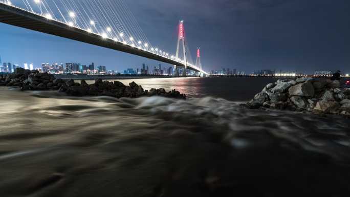 二七长江大桥夜景江水延时