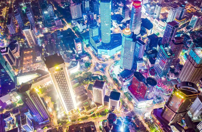 南京新街口高楼建筑灯光夜景延时航拍