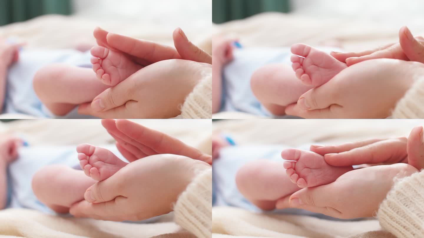 小婴儿的脚在女性的手中。年轻的母亲轻轻地触摸和抚摸她新生的小腿。家庭幸福和有年幼子女的慈爱父母的概念