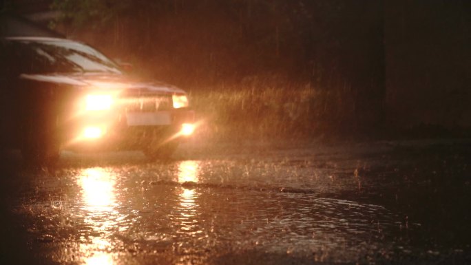 车底下着大雨.城市在雨天。站在城市街道湿湿的柏油上的汽车。地面上水坑里的倒影。慢动作