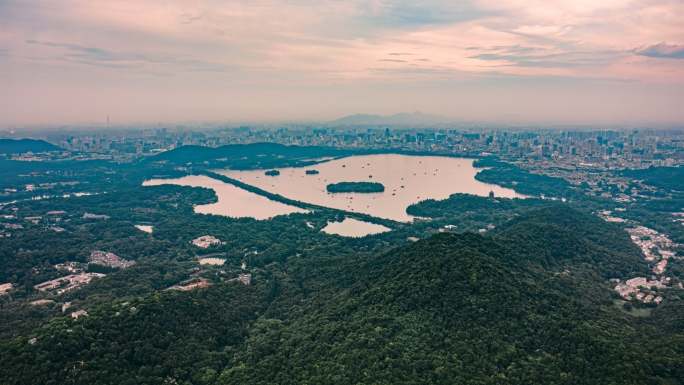 杭州西湖航拍延时日落晚霞夜景