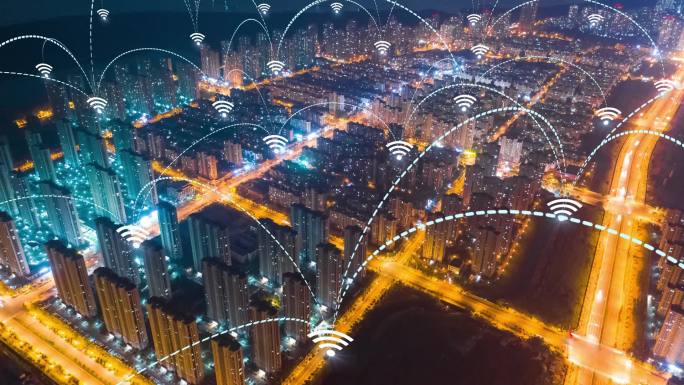 智能城市空中图像。蓝色拱形形成网络通信未来技术。Wi-Fi连接