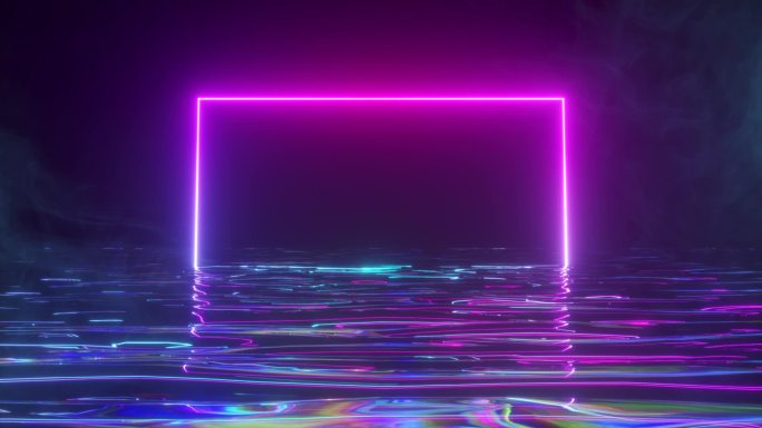 一个明亮的霓虹灯框架闪烁着霓虹灯光谱在水中。烟熏的背景。无缝圈3D渲染